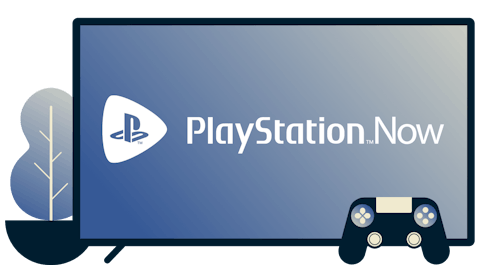 Ruutu, jolla on PlayStation Now'n logo, peliohjain sekä kasvi.