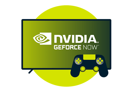 Nvidia GeForce Now'n logo ruudulla, jonka kyljessä on peliohjain