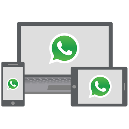 WhatsApp on laptop, mobile phone, and tablet.