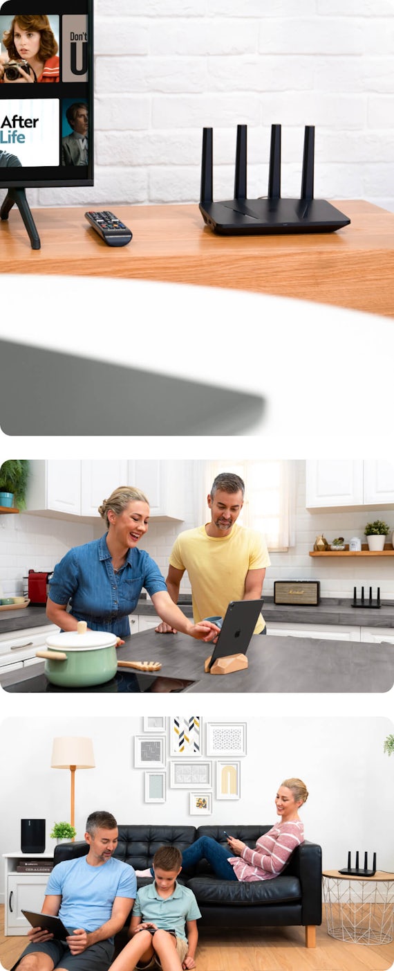 Collage de imágenes de estilo de vida de Aircove en un hogar: imagen de Aircove en una consola de TV, imagen de Aircove en la cocina, imagen de Aircove en la sala de estar con miembros de la familia.
