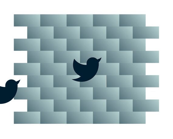 Twitter-Vögel fliegen gegen eine Wand.