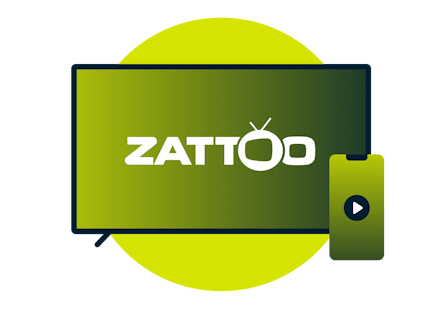 Zattoo logolu bir dizüstü bilgisayar ve telefon.