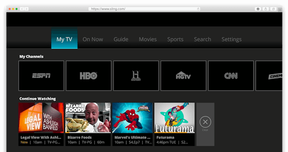 Sling TV'nin ana sayfasının ekran görüntüsü.