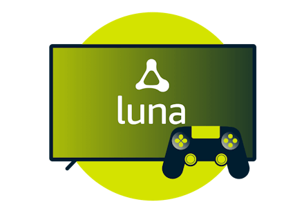 Amazon Lunan logo näytöllä, joka vieressä on peliohjain.