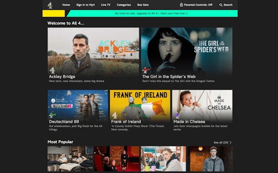 Het  homescreen en de programma's van de Channel 4 UK All 4 app