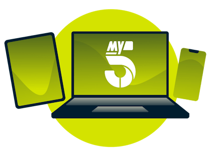 Erilaisia laitteita My5:n logolla.