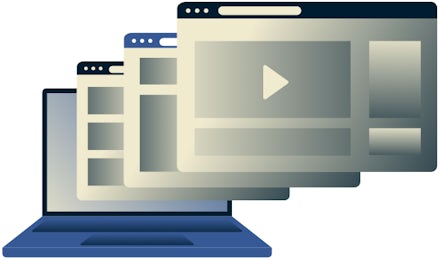 Laptop screen with multiple windows.