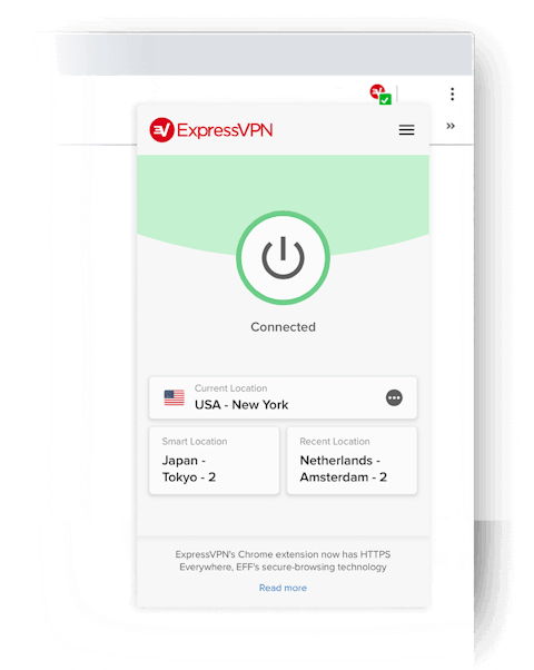 Best VPN browser extension for Chrome: Close-up of the ExpressVPN browser add-on showing that the VPN is connected.