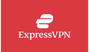Podgląd: pionowe, białe na czerwonym logo ExpressVPN.