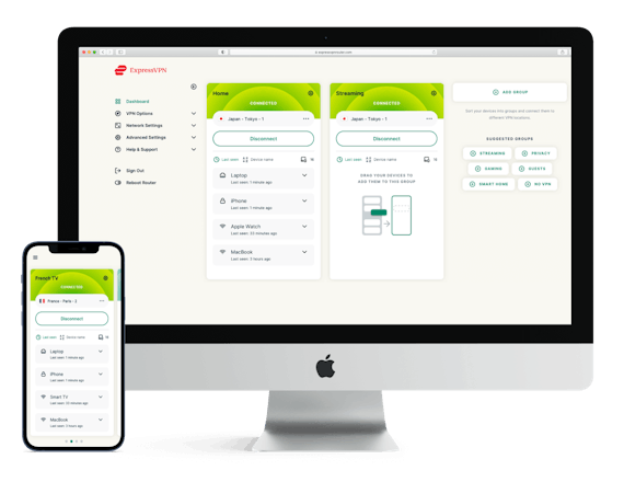 Plusieurs écrans avec l'interface utilisateur d'ExpressVPN.