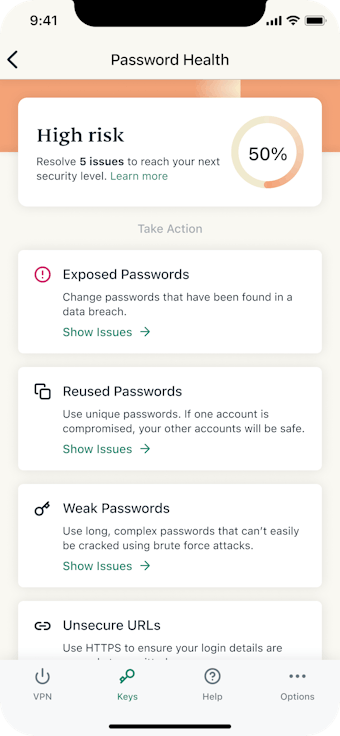 ExpressVPN Keys Password Health high risk screenshot.