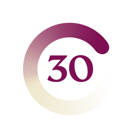 30-Tage Geld-zurück-Garantie-Badge im Fluffernutter-Stil in einem Farbverlauf von Beere nach Sand mit der Zahl 30 in der Mitte.