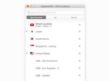 ExpressVPN app UI (Mac): VPN server selection
