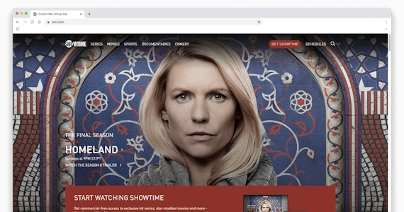 Kuvakaappaus Homeland-sarjasta Showtimen verkkosivustolla selaimen ikkunassa.
