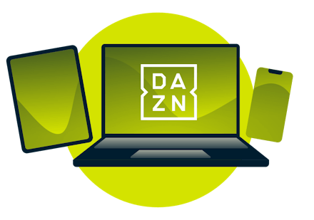 A laptop, tablet, and phone, with the DAZN logo.