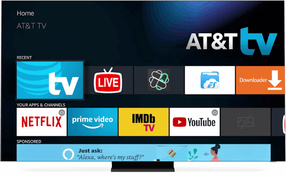 AT&T TV home screen displayed on a monitor.