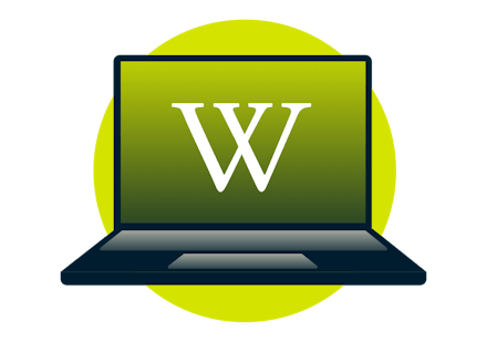 Wikipedias logotyp på en bärbar dator.