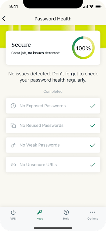 Screenshot of ExpressVPN Keys Password Health secure.