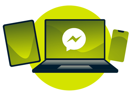 Kannettava tietokone, tabletti ja puhelin, joissa on Facebook Messengerin logo.