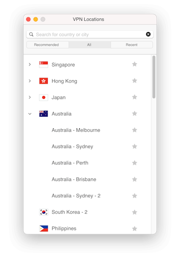 Окно выбора локаций VPN-серверов в Австралии