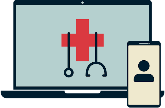 A stethoscope on a red cross on a computer screen, with a figure on a phone screen.