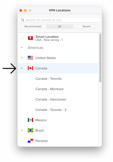 Barre de localisation ExpressVPN montrant les localisations VPN au Canada