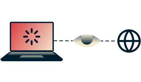 A buffering laptop connected to the internet with an eye overlooking the connection.