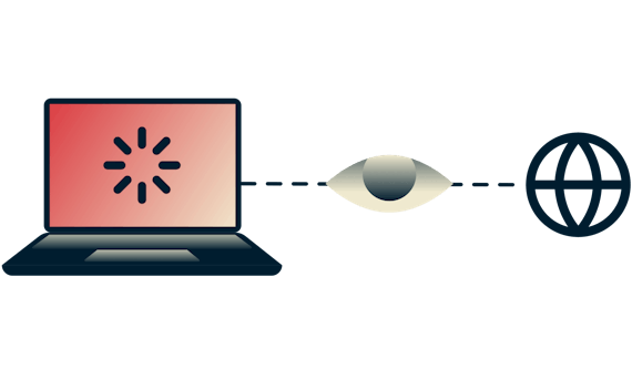Un ordenador portátil conectado a Internet con un ojo vigilando la conexión.