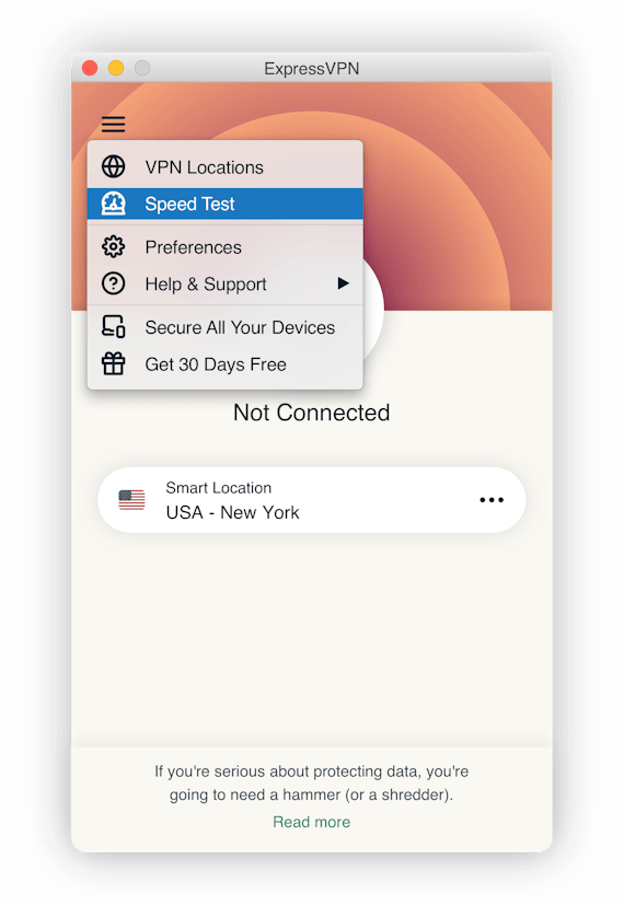 Valg af hastighedstest på ExpressVPN-interface.