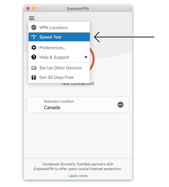 Selecting Speed Test on the ExpressVPN interface.