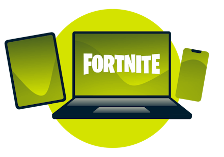 Variety of devices with the Fortnite logo.
